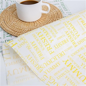 [1001084] กระดาษรองขนม กระดาษห่อขนม กระดาษห่ออาหาร กระดาษห่อแฮมเบอเกอร์ 12x12 นิ้ว ลายYummy Delicious สีเหลือง( ไม่เคลือบ )