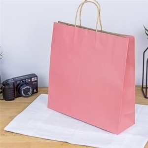 [0213004] ถุงใส่ของขวัญ ถุงใส่สินค้า บรรจุภัณฑ์ ถุงกระดาษน้ำตาลหูเกลียว พิมพ์สีชมพู 32x10x32 ซม.