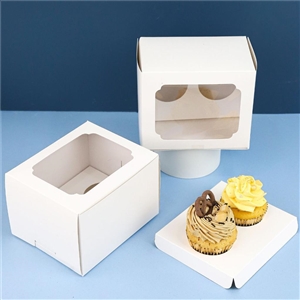 [0503011] กล่องใส่เบเกอรี่ กล่องใส่สินค้า บรรจุภัณฑ์ กล่องคัพเค้ก 2 ชิ้น ทรงสูง พร้อมฐาน สีขาว