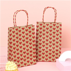 [0210035] ถุงใส่สินค้า ถุงใส่ของ บรรจุภัณฑ์ ถุงกระดาษหูเกลียวคราฟท์น้ำตาล พิมพ์หัวใจแดงเล็ก 14x7X21.50 ซม.